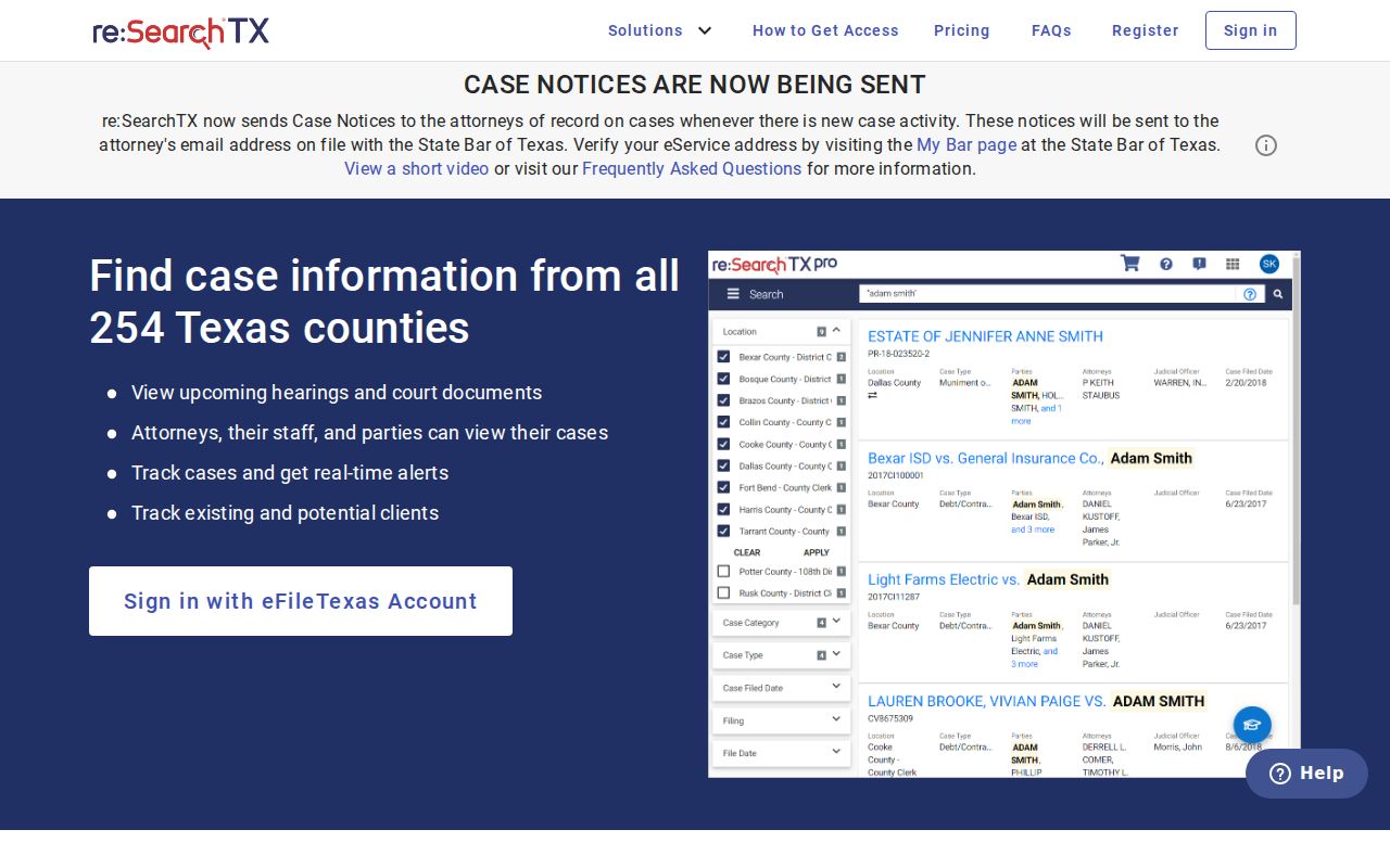 re:SearchTX search interface for La Salle County criminal court case research
